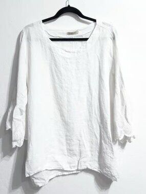 VALENTINA NALDI Top Tunic 1X Italy Linen Coastal Beachy Lagenlook White
